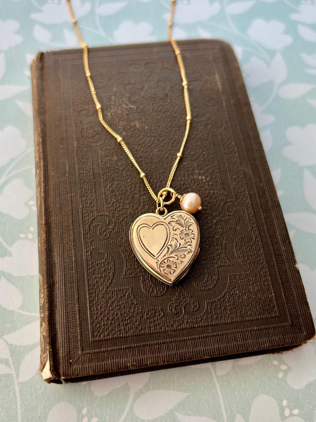 Vintage Heart Locket Necklace - Pearl Dangle on Gold Fill Satellite ...