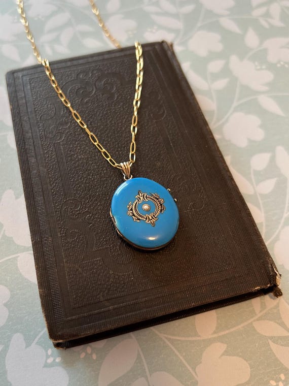 Antique Victorian Era Locket - Robin's Egg Blue Ename - Gem