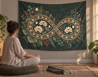 Lotusbloem wandtapijt in diepblauwgroen, katoen-linnen oneindigheidsbotanisch ontwerp voor een boho leeshoekje, cadeau voor natuurliefhebbers, Mandala