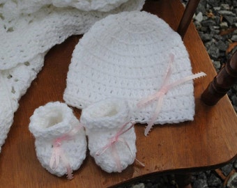 Baby Beanie and Booties, Infant Cap, Booties, Baby Booties, Baby Cap,  White