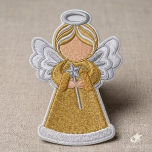 May include: An embroidered patch shaped like an angel with a gold dress, white wings, and a halo. The figure has a peach-colored face and holds a silver star-tipped wand. The design features detailed stitching in gold, white, and silver thread.