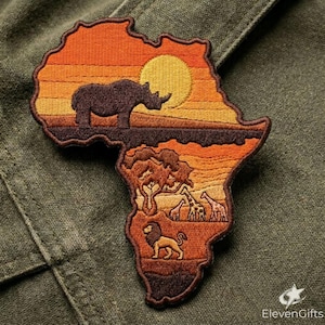 Africa Map Embroidered Patch - Safari Wildlife Sunset Scene - Lion Rhino Giraffe Iron On - Large Travel Adventure Patch for Jackets