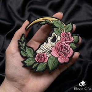 Crescent Moon Skull Embroidered Patch Pink Roses Floral Iron On Large Backing Badge Goth Witchy Alternative Art