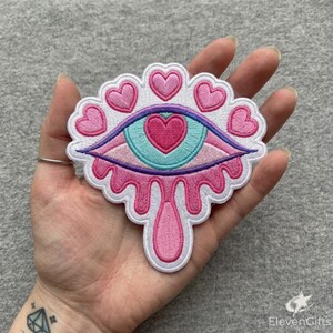 Kawaii Melting Heart Eye Embroidered Patch - Pastel Goth Trippy Iron On - Lovecore Psychedelic Large Back Patch for Jackets & Bags
