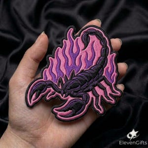 Flaming Scorpion Embroidered Patch Purple Pink Fire Arachnid Iron On Large Backing Badge Alt Fashion Art