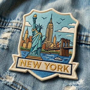 May include: A shield-shaped embroidered patch featuring the Statue of Liberty, the Empire State Building, and the Brooklyn Bridge against a light blue sky. The text NEW YORK is stitched in gold on a banner at the bottom of the patch.