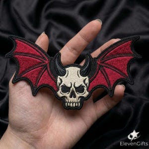 Demon Skull Embroidered Patch Red Bat Wings Horns Iron On Large Backing Badge Goth Gothic Alternative Art