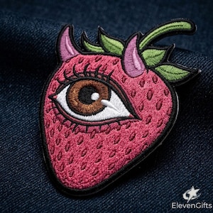 Strawberry Eye Patch - Surreal Fruit Applique - Devil Horn Badge - Embroidered Goth Accessory - Creepy Cute Iron On - Weirdcore Fashion