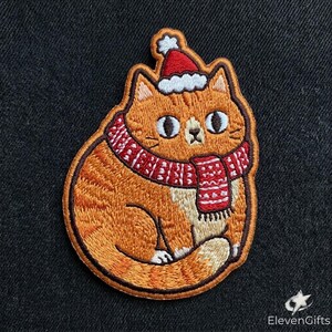 Ginger Cat Christmas Patch Orange Tabby Scarf Santa Hat Iron On Large Backing Badge Cozy Feline Winter Art