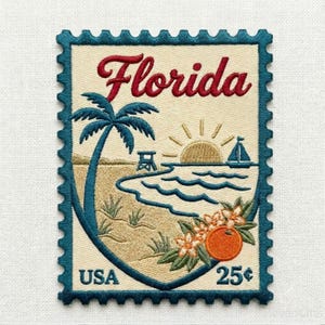 May include: A rectangular embroidered patch shaped like a postage stamp with a teal border. It features the word Florida in red script, a palm tree, a sun, a sailboat, and an orange with blossoms. The text USA and 25 cents are at the bottom.