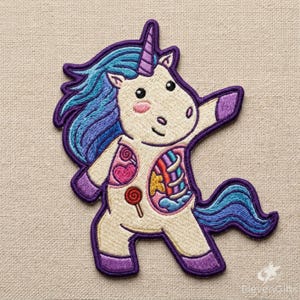 May include: An embroidered patch featuring a cream-colored unicorn with a blue and purple mane and tail. The unicorn has a purple horn and a cutaway design on its torso revealing a rainbow, a yellow star, a pink heart, and two lollipops.