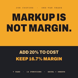Puede incluir: Un gráfico digital con una parte superior amarilla y una inferior gris oscuro con el texto: JOB COSTING - ONE-VAN TRADE. MARKUP IS NOT MARGIN. ADD 20% TO COST KEEP 16.7% MARGIN. 7 TABS - 12 FUNCTIONS - EXCEL + SHEETS. El texto es negro y amarillo claro.
