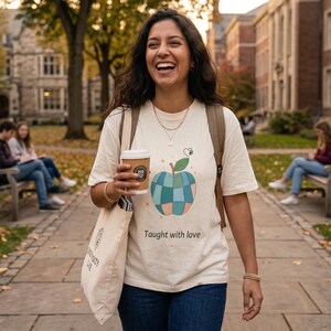 Puede incluir: Una camiseta de manga corta de color crema con un gráfico de una manzana de patchwork con una hoja verde y un pequeño icono de corazón encima. El texto "Taught with love" está impreso en negro debajo del gráfico de la manzana.