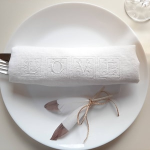Embroidered Linen Table Napkin: Monogram LOVE Design, Wedding Decor