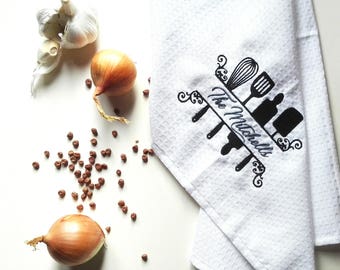 Conjunto de toalhas de cozinha waffle com monograma: linho vintage, bordado