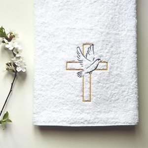 Personalized Christening Towel with Cross & Dove Embroidery | Custom Baptism Gift for Baby | Religious Keepsake Towel for Ceremony