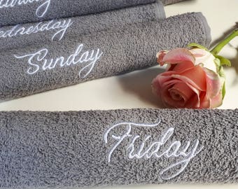 Embroidered 7 Days of Week Towels Set: Custom Cotton Bath & Hand Towels