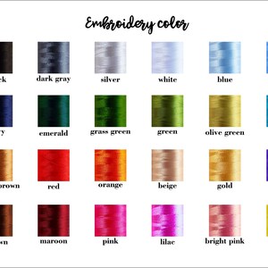 May include: A chart showing 24 different embroidery thread colors. The colors are arranged in four rows of six colors each. The colors are: black, dark gray, silver, white, blue, sky blue, navy, emerald, grass green, green, olive green, azure, bright brown, red, orange, beige, gold, purple, brown, maroon, pink, lilac, bright pink, and yellow.