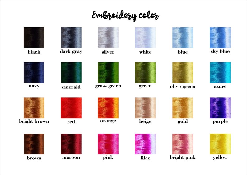 May include: A chart showing 24 different embroidery thread colors. The colors are arranged in four rows of six colors each. The colors are: black, dark gray, silver, white, blue, sky blue, navy, emerald, grass green, green, olive green, azure, bright brown, red, orange, beige, gold, purple, brown, maroon, pink, lilac, bright pink, and yellow.