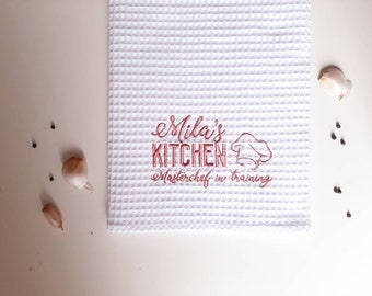 Toalha de cozinha presente de casamento / Toalha de chá vintage de linho waffle / Toalha personalizada com monograma / Toalha de mão / Toalha bordada