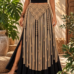 May include: A black maxi skirt featuring a beige macrame overlay. The overlay has a diamond-patterned waist section with long, vertical fringe strands hanging down the front, accented with small knots throughout the length of the cords.