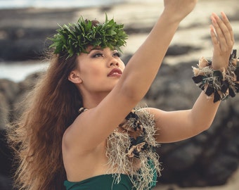 hula Kahiko picture Hawaiian woman beach photo Hawaii dance ocean sunlight sunset art, cottage art, girl's room