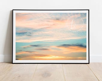 Colorful sunset sky picture, pastel cloud art, living room decor, dining room art, blue pink gold sunset sunrise photo, housewarming gift