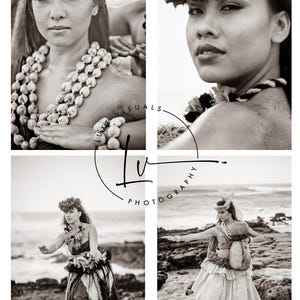 Hula Kahiko print set, Hula kahiko wall art, Hawaiian home decor, hula dancer on beach, sepia hula picture, kahiko posters, four print set