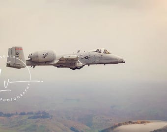 A10 Warthog picture in the mountains with fog, A10 Warthog in flight, military art, gifts for veteran, office or den art, patriotic art
