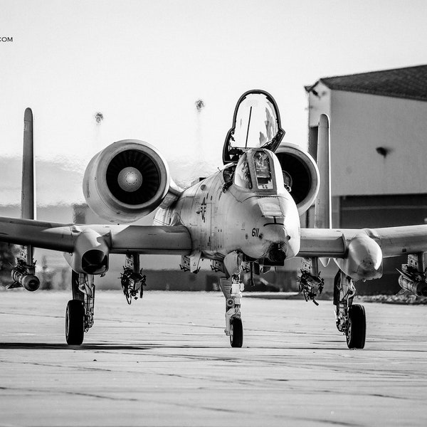 A10 Warthog Wall Art, Black and white military photography, den office boy's room picture, attack jet photo on flightline