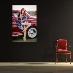 Pinup Girl Rockabilly Poster, retro pin up girl art, den office man cave décor, gifts for him, redhead tattooed girl picture print image 3