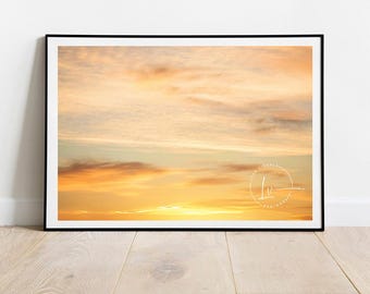 Colorful sunset sky picture, pastel cloud art, living room decor, dining room art, yellow pink gold sunset sunrise photo, housewarming gift
