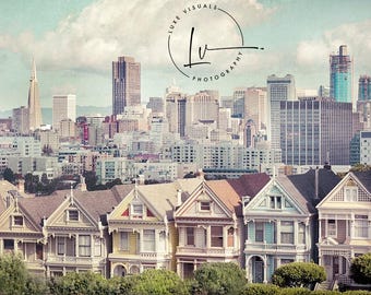 Painted Ladies of San Francisco Print Picture Wall art, Air bnb office and den decor, living room art, cottage chic bohemian city picture