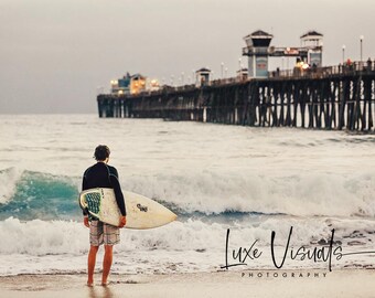 Surfer and Ocean photography, Oceanside San Diego, Ruby's on the Pier, moody ocean and surfing print, beach photography, So Cal art