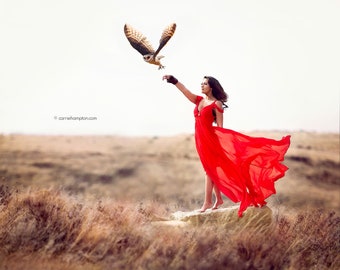 Owl release by woman in red dress, bird of prey fine art print poster, landscape animal fantasy fairy tale girl's room decor, wild owl