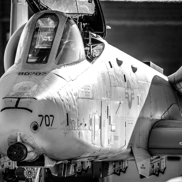 A10 Warthog Wall Art Three photo set, military aviation black and white photography for office den boy's room, plane jet photography photos