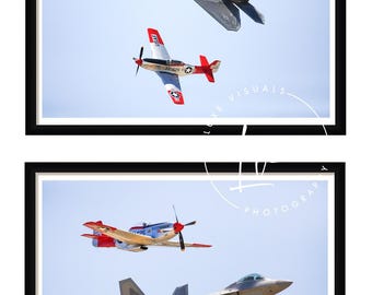 Heritage flight photography, P-51 Mustang and F-22 Heritage picture set, military planes posters, patriotic art, gifts for veteran