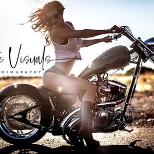 Sexy biker girl picture, Biker Girl photo, garage art poster, black chopper, bachelor gift, sexy blond girl with motorcycle wall display