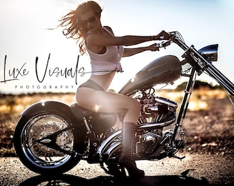 Sexy biker girl picture, Biker Girl photo, garage art poster, black chopper, bachelor gift, sexy blond girl with motorcycle wall display