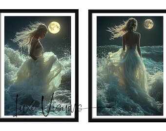 Moon Goddess Picture set, Whimsical Ocean goddess and full moon art, Fairytale Ai photo set, living room art, girl's room decor, girl's gift