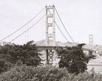 Golden Gate bridge photo black white old sepia San Francisco bay picture rustic wall art old fashioned home decor historical