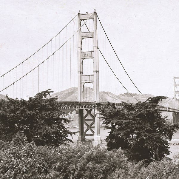 Golden Gate bridge photo black white old sepia San Francisco bay picture rustic wall art old fashioned home decor historical