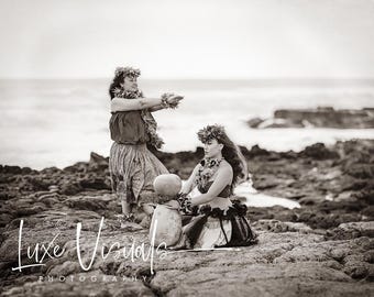 Hula Kahiko art, sepia photo of hula dancers, Hawaii beach art, hula dancer picture, hula kahiko photography poster, Air bnb decor