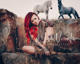 Beautiful tattooed girl modern art, colorful female photography, bohemian redhead with horses, Red Sonja, modern wall art, tattoo model