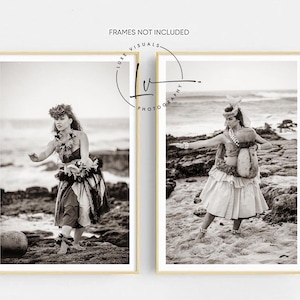 Hula Kahiko Photo set, Hula Kahiko photography, sepia Hawaiian hula photo poster, beach ocean, hula girl art, hulakahiko twp photo set