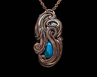 Peruvian blue opal and meteorite backplated copper wire wrapped pendant