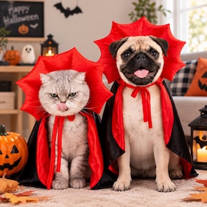 May include: A grey tabby cat and a fawn pug wearing matching vampire costumes. Each costume consists of a black cape with a vibrant red satin lining and a large, stiffened red collar that stands upright behind the head, secured with red ties.