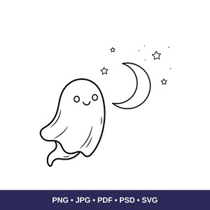 May include: A black and white line art illustration featuring a small, smiling ghost floating next to a crescent moon and several small stars. The design is simple, with clean outlines and minimal detail, presented on a plain white background.