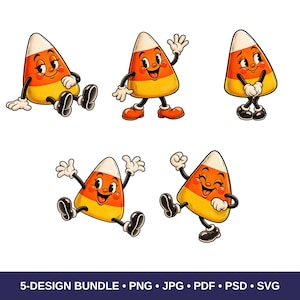 May include: A digital illustration set featuring five candy corn characters with white, orange, and yellow segments, black limbs, and white gloves. The characters are shown in various poses including sitting, waving, and dancing. Text reads 5-DESIGN BUNDLE PNG JPG PDF PSD SVG.