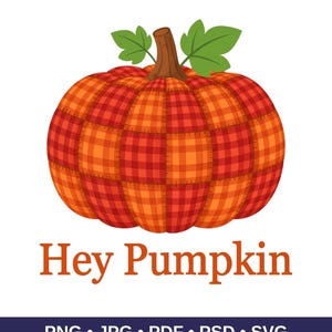 Peut inclure: Une illustration graphique d'une citrouille avec un motif patchwork de carrés à carreaux rouges et orange. La citrouille a une tige brune et deux feuilles vertes au sommet. Sous la citrouille, le texte indique Hey Pumpkin en orange.